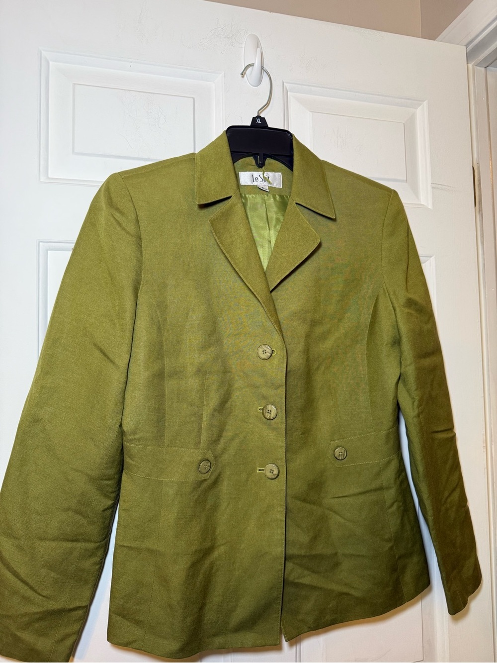 Le Suit Olive Green Linen Blazer Jacket Size 8 Single Breast Classic Preppy